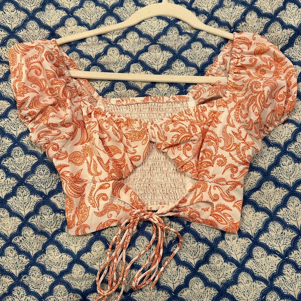 shein orange puff sleeve tie crop top